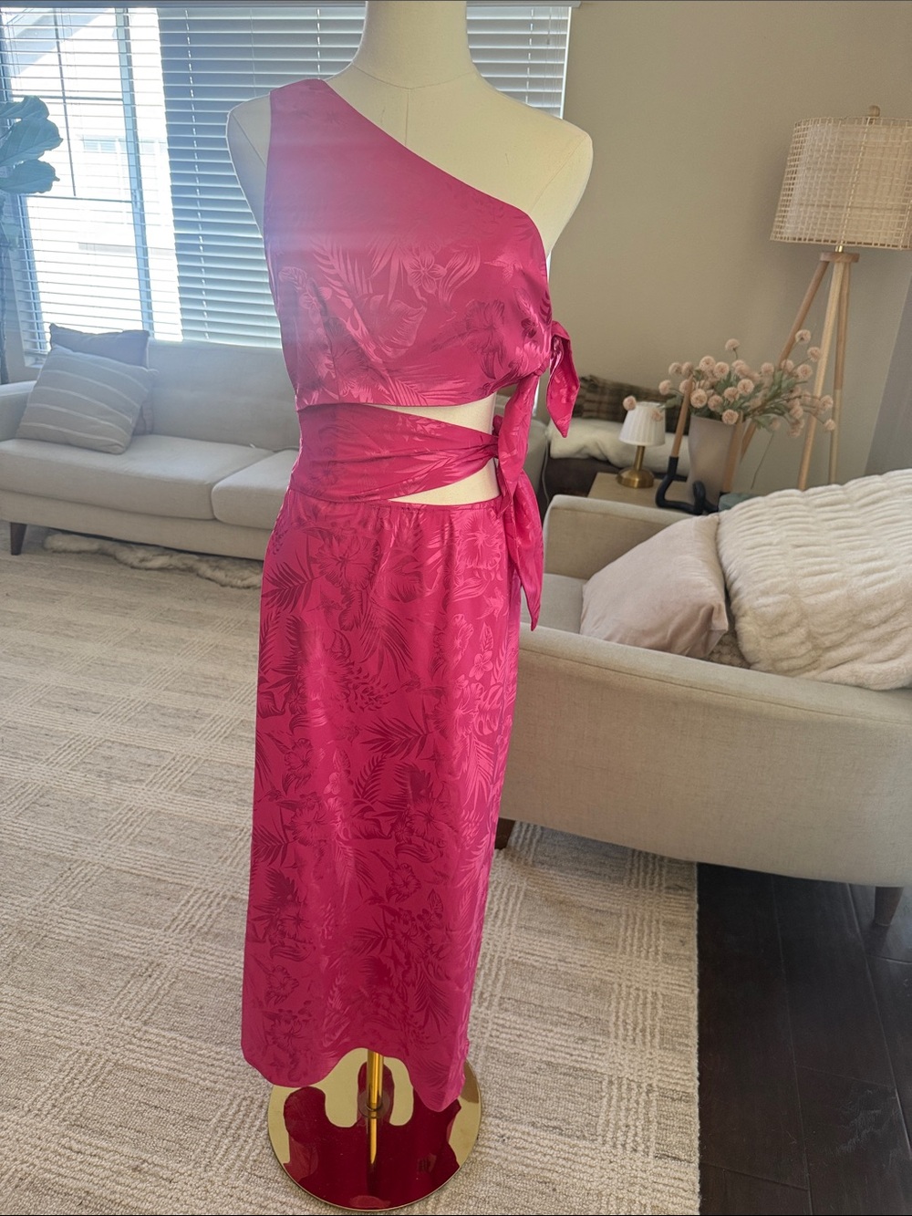 One-Shoulder Hot Pink Satin Cutout Midi Dress